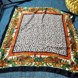 Vintage Leopard and Exotic Bird Print Scarf 33" x 33" Satin Shiny